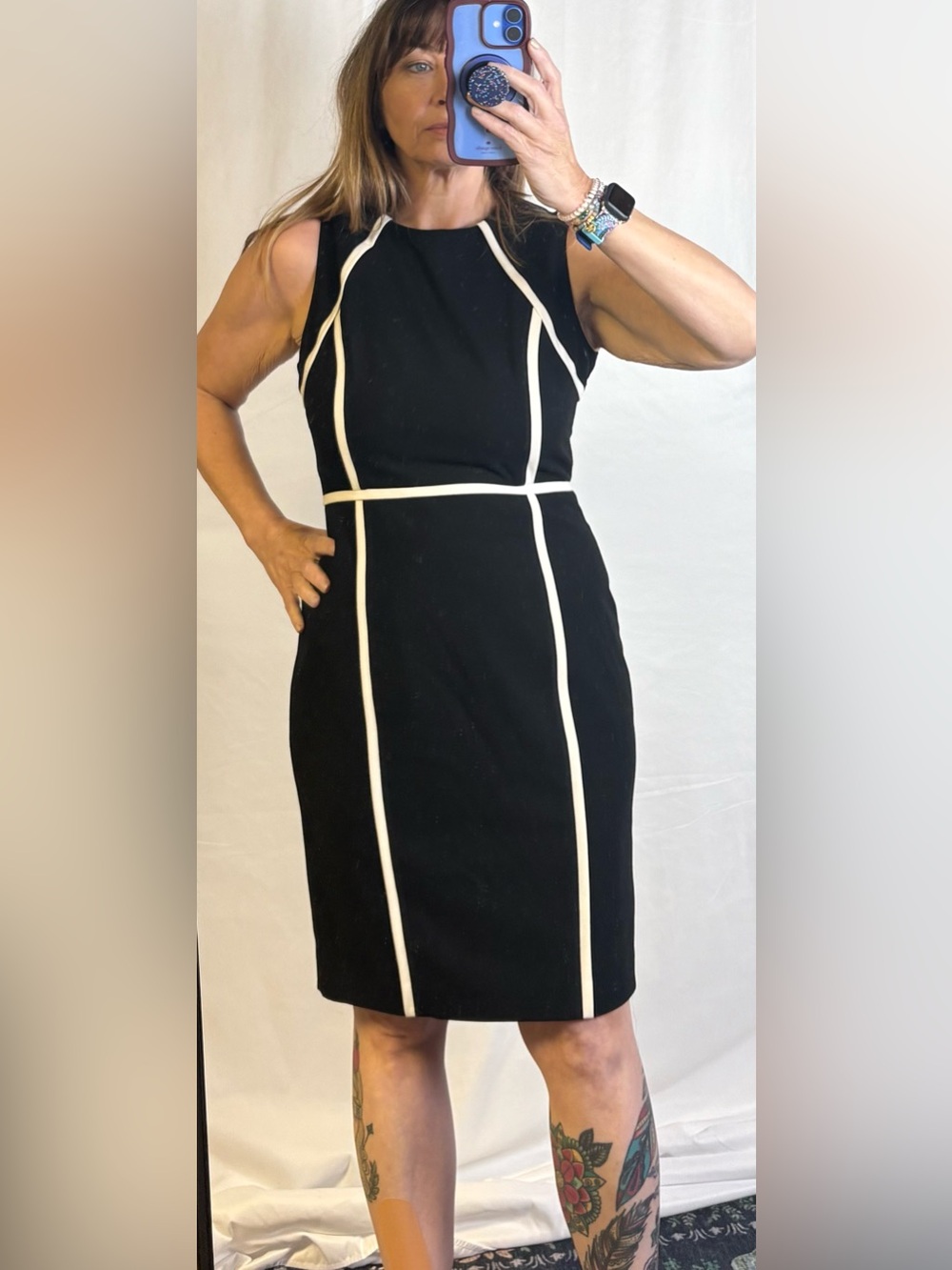 Calvin Klein Black Midi Sheath Dress with White Piping
